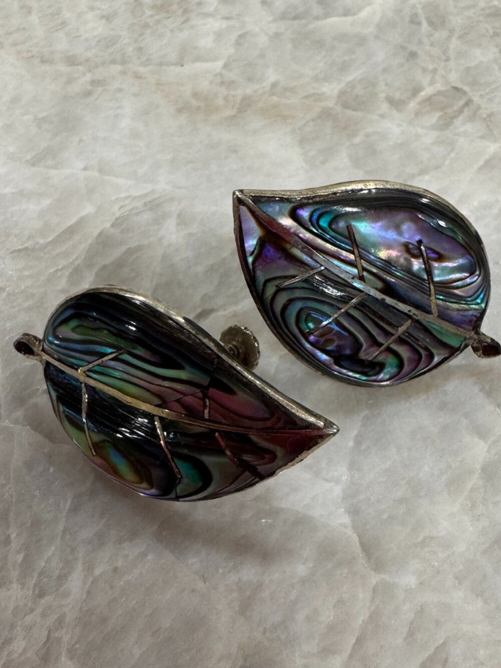 Vintage Sterling Silver Abolne Leaf Design Screw Back Earrings Made in Mexico